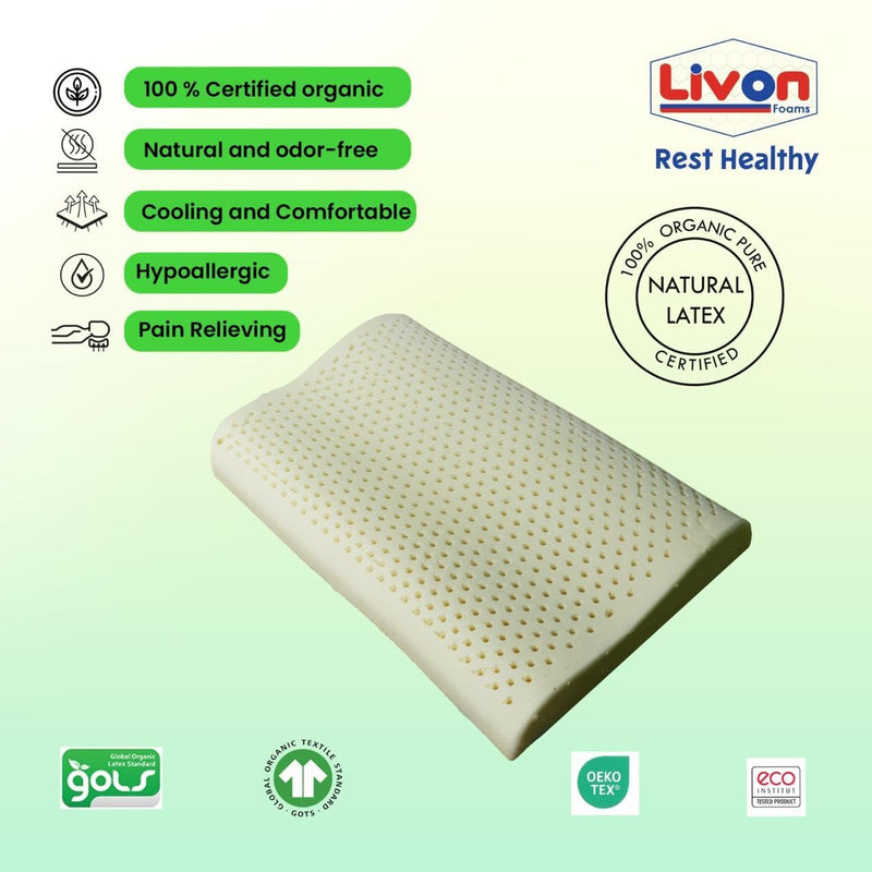 REST HEALTHY Organic Pure Natural, Breathable, Orthopaedic, Durable, Hypoallergenic, Neck Support, Cooling, Latex Contour Pillow by Livon Comforts (Pack of Two)