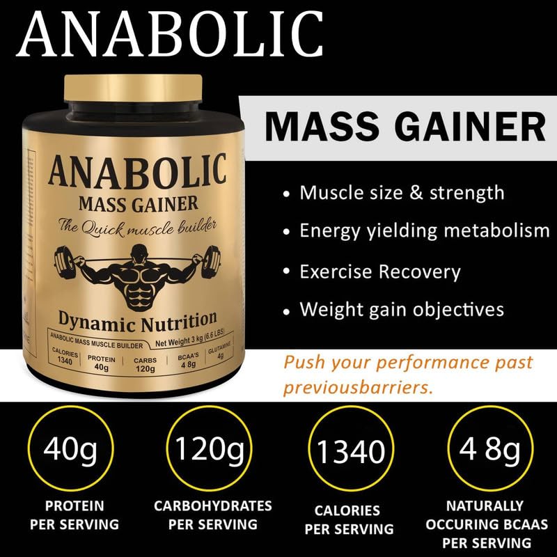 Dynamic Nutrition Anabolic Mass & Weight Gainer With High Calories 1340 For Bulk Gain For Pre & Post Workout With Digezyme Blend & Ashwagandha Extract (Chocolate 3 Kg/6.6Lbs), Powder