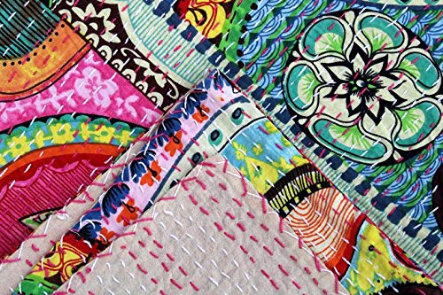 Fashion Hub Textile Work Creations Cotton Patchwork Floral Hand Printed Kantha Patch Design Bedding Quilt (Multicolour, 60x90 Inch)