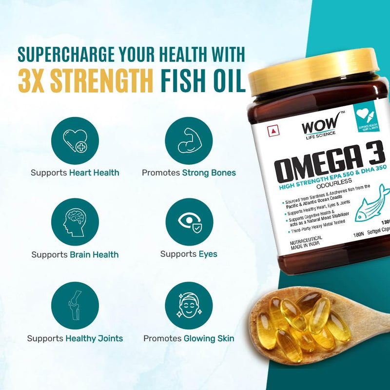 WOW Life Science Omega-3 Fish Oil 1300 mg Triple Strength - 550mg EPA & 350mg DHA for Joints, Heart & Brain Health - 180 Capsules