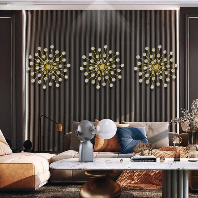 ZOVE Set of 3 Silver Metal Jeweled Wall Art - Sun Burst Rhinestone Wall Hanging for Elegant Home Decor (13.5 x 13.5 inch)