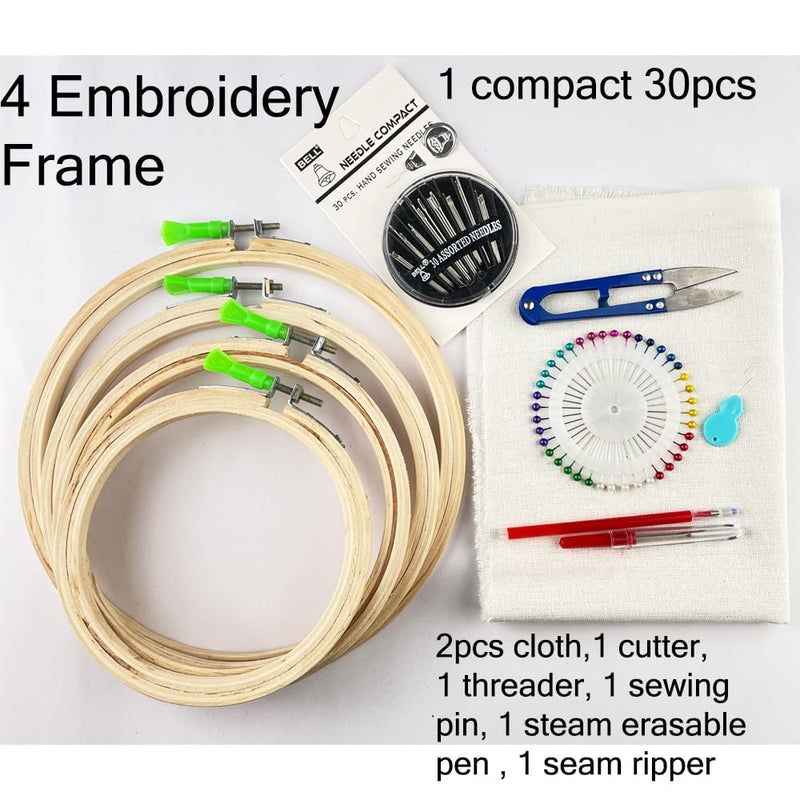 Qroof Embroidery Materials Kit New,50 Colour Threads,4 Pcs Bamboo Hoops,2 Pcs Aida Cloth Embroidery Beginner Supplies Tool Kit