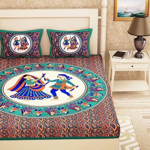 AC FASHION Rajasthani Jaipuri Sanganeri Print 144 TC 100% Cotton Bed Sheet Set for Double Bed King Size, Dandiya Pattern, Double Bedsheet Cotton with 2 Pillow Covers