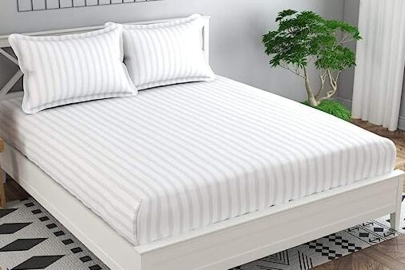 DECOR2ADMIRE 300 TC Glace Cotton All Round Elastic Fitted Plain Stripe Queen Size Bedsheet with 2 Pillow Covers 90 x 100 Inches or 60" x 78" Fits Upto 8 Inch Mattress (White)