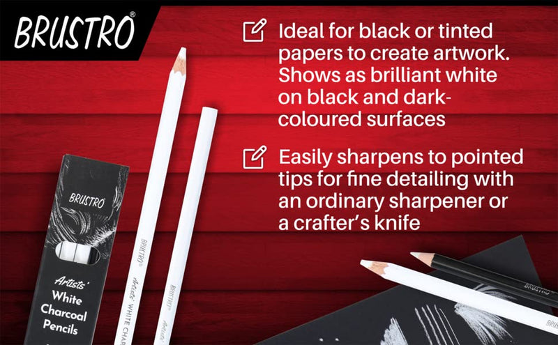 BRUSTRO Artists� White Charcoal Pencil Set of 3 + 1 pencil eraser