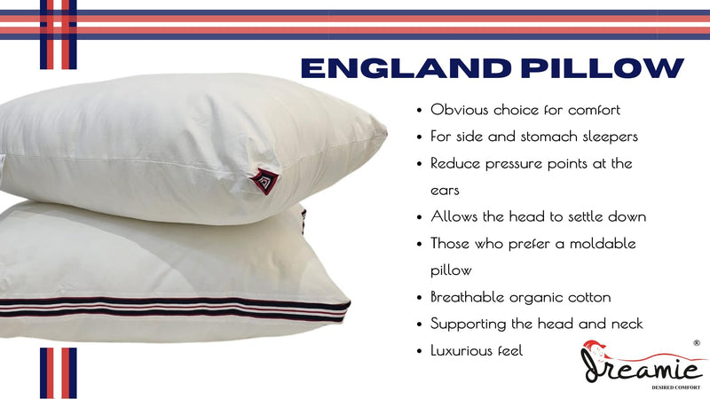 Dreamie England Pillow Quality Soft Polyester Cus Fiber Pillow 100% Breathable Cotton Cover Skin-Friendly, England Pillow. (Full Border England Pillow)