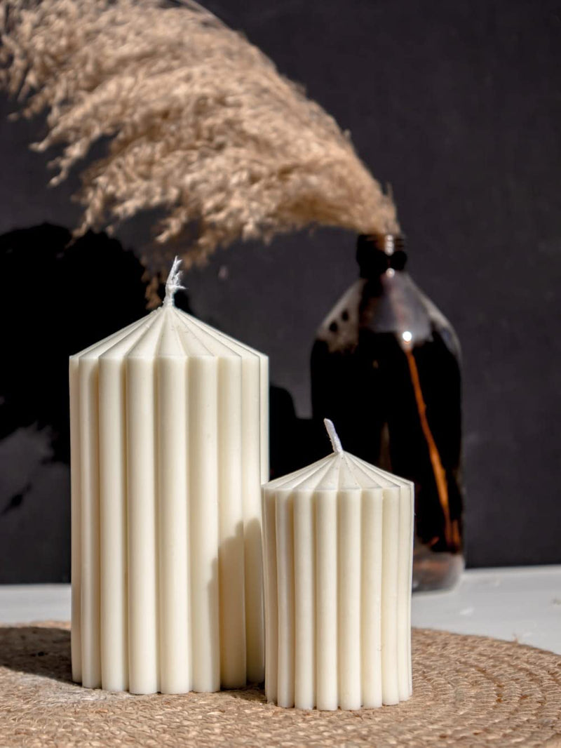 THE UMBRELLA STORE Ribbed Wax Pillar Candle Home Decor Smokeless | Unscented Candle for Gifting (Pack of 2,White)