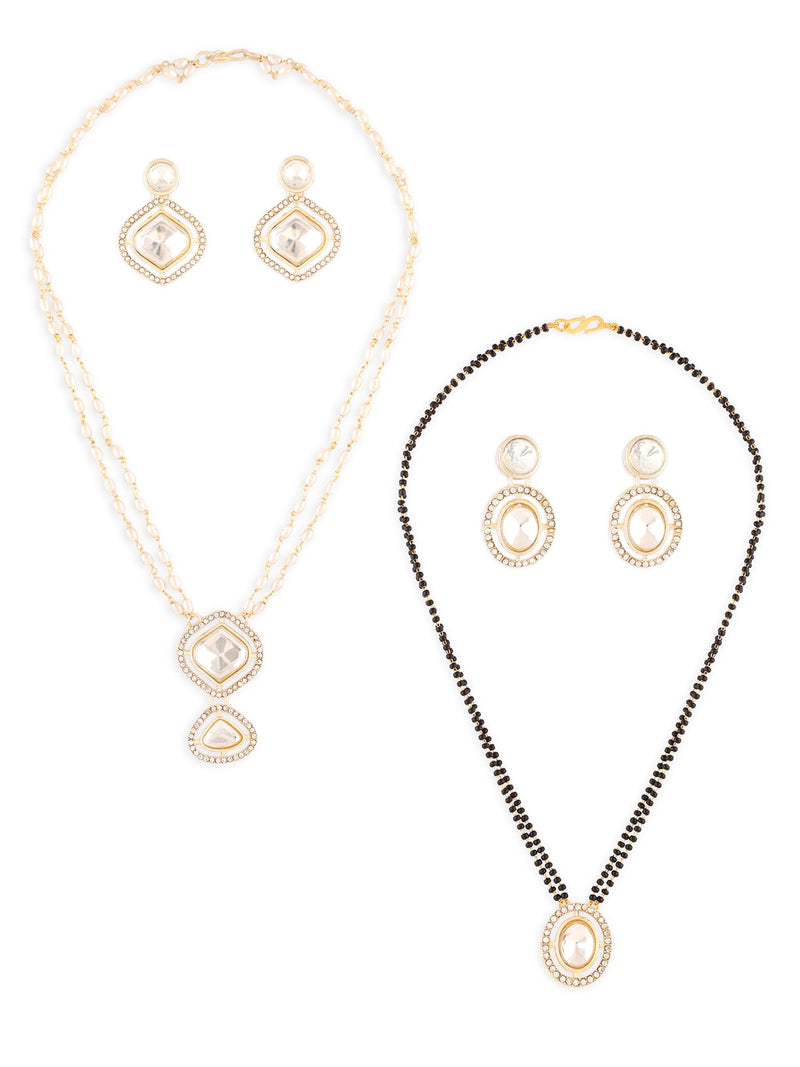 ZAVERI PEARLS Set of 2 Gold Tone Dazzling Austrian Diamonds Necklace Mangalsutra & Earrings Set For Women-ZPFK17942