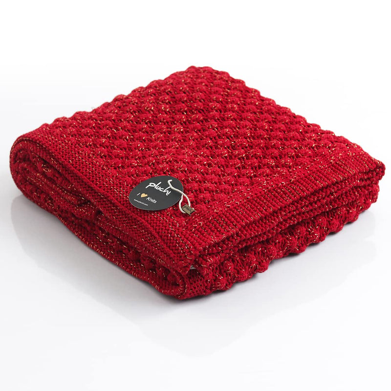 Pluchi Popcorn - Red with Gold Metallic Yarn 100% Cotton Knitted All Season AC Throw Blanket, 125 Cm x 150 Cm