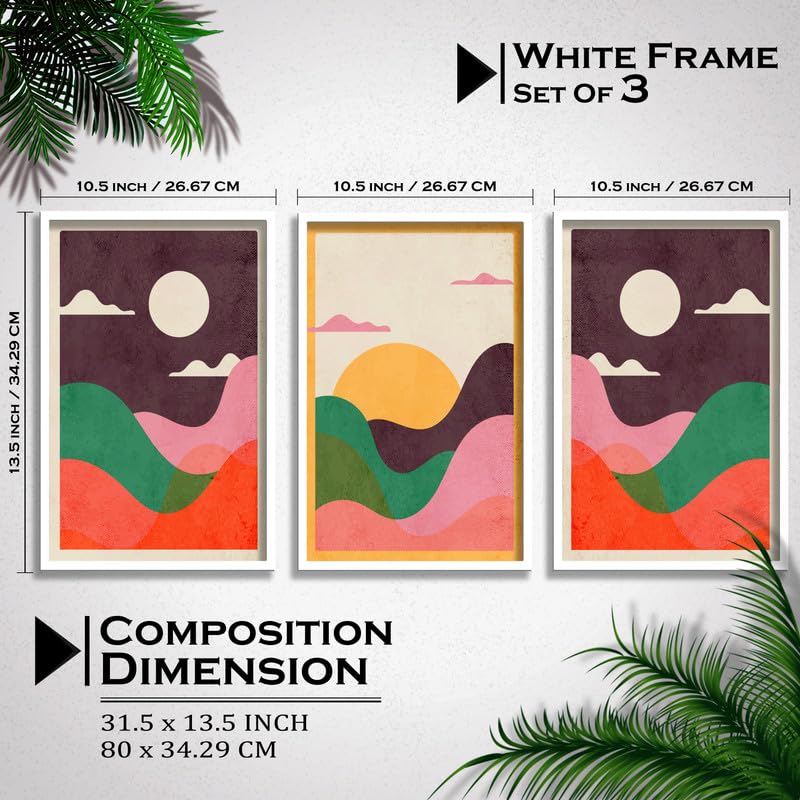 SAF paintings Set of 3 Abstract Boho modern art design Premium white Framed Bohemian wall painting for for Wall, Home and Living Room Decoration 80 cms x 34.29 cms COMBO-2005-K3