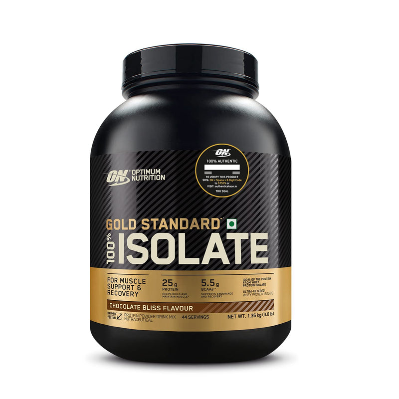 Optimum Nutrition (ON) Gold Standard 100% Isolate 3 lbs, 1.36 kg (Chocolate Bliss), for Muscle Support & Recovery, Vegetarian - 100% Protein from Whey Isolate