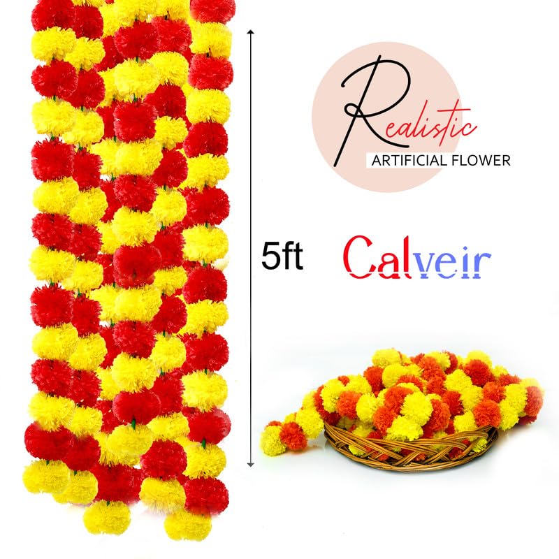 Calveir Genda Phool Artificial Marigold Fluffy Flower/Genda Phool Garlands String For Diwali, Navratri, Durga Pooja Festival Office Decoration 5 Feet (Ramdom, 15)