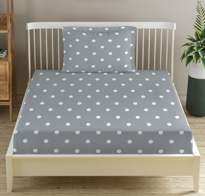 Trance Home Linen 300TC 100% Cotton 72"x30" Single Bed Size Elastic Fitted Bedsheet | Printed Single Size Bed Elasticated Fitted Bedspread with 1 Pillow Cover (72x30 inch, Grey White Circles)