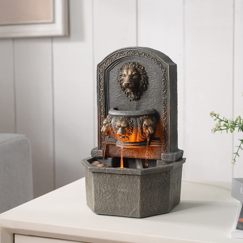 GOSSI 10.3 in Tall Tabletop Fountain Classic Lion Head Polyresin Indoor Zen Waterfall Fountain w/ Cobblestone Soothing Sounds for Office and Home Decor