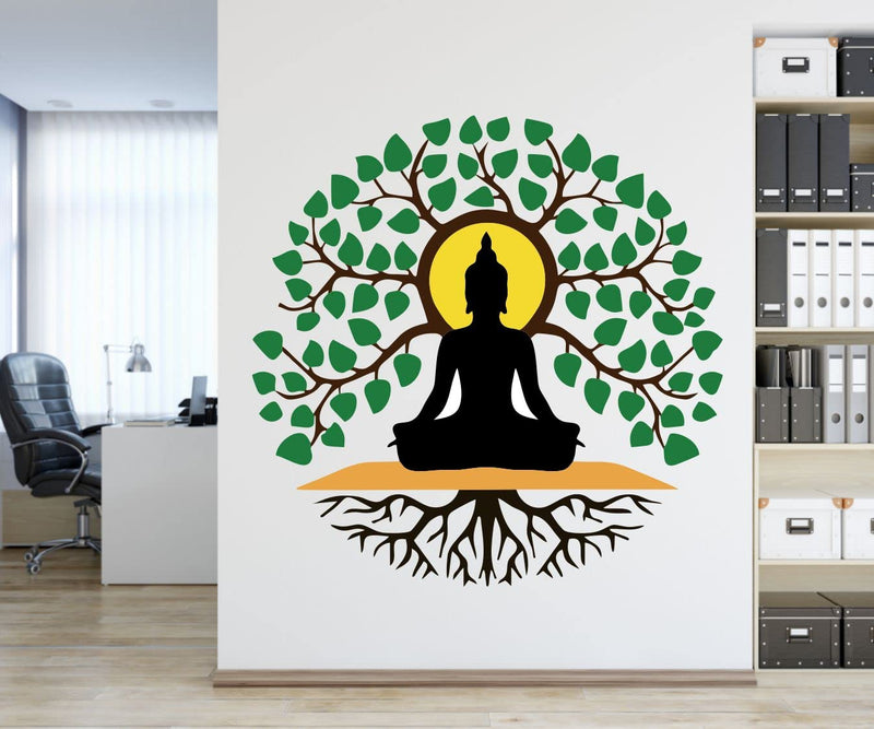 Divine Designs™ PVC Vinyl Self-Adhesive Black Buddha Sadhana Under Tree Wall Sticker for Living Room, Bedroom, Office Wall Decoration (24 X 24 INCH) Pack 1