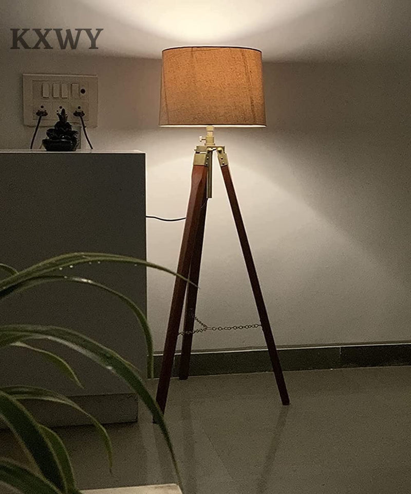 KXWY Tripod Floor Lamp | Antique Designed Jute Fabric With Khadi Shade Decorative Wooden Crafter Standing LED Floor Lamp For Living Room, Bed Room And Office, Standard