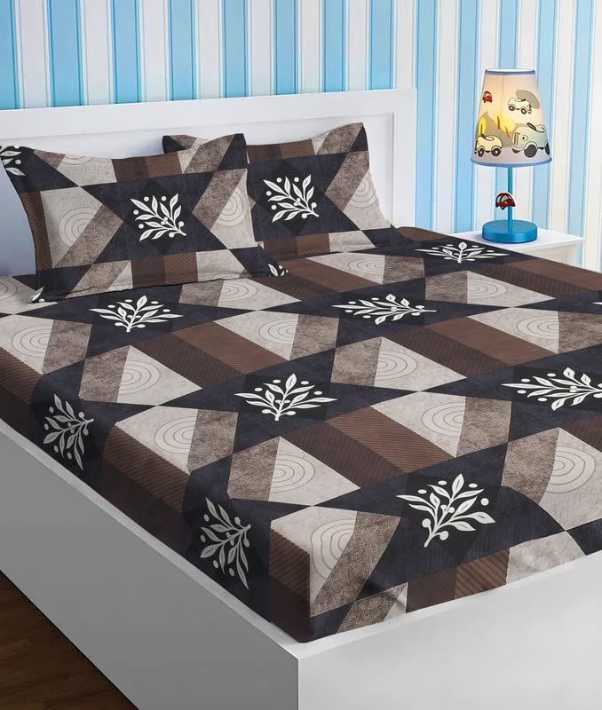 BSB HOME Style Cotton Feel Glace Cotton Elastic Fitted Printed King Size Double Bed Bedsheet with 2 Pillow Cover (78"x72", Big Checks- Dark Brown)