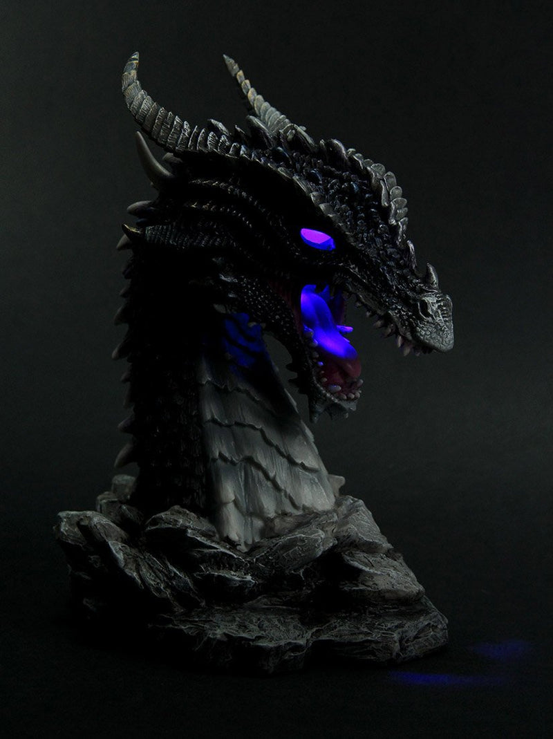 Veronese Resin Statues Hand Painted Obsidian Dragon Bust Statue with Led Lights 6 X 8.25 X 5 Inches Gray