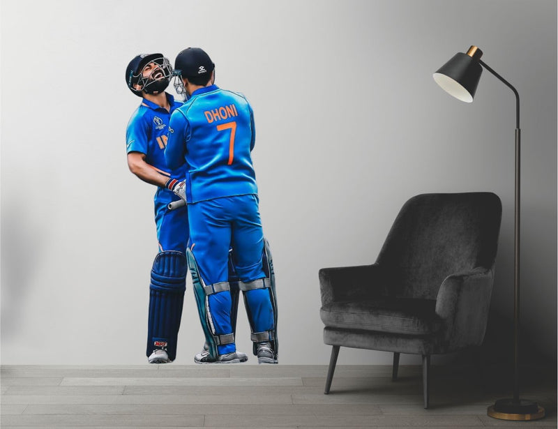 Ruhi Decor MS Dhoni with Kohli Funny Moment Wall Sticker PVC Stickers Waterproof Laminated Wall Stylish for Living Room