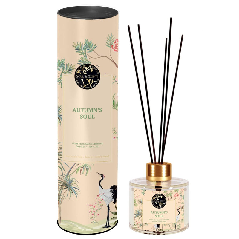 Soul & Scents Autumns Soul Reed Diffuser Set | Fragrance of Morrocon Rose, Honey & Sandalwood | Get 5 Rattan Reed Sticks | Smoke Less Room Freshener for Home, Bedroom, Living Room & Office | 50ml