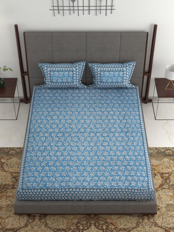 Anadhika Cotton 340 TC Printed King Size Flat Bedsheet with 2 Pillow Covers Bedsheet for Double Bed Bedroom (Water Blue)