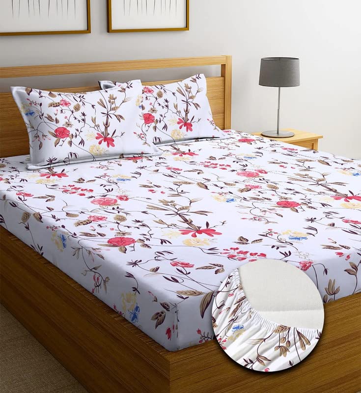 TARAIN COLLECTION Cotton Elastic Fitted Bedsheets with 2 King Size Pillow Covers | Double Bed with All Around Elastic 220 TC Supersoft |Size-72 King Sizex78+10 inches Floral White & Pink