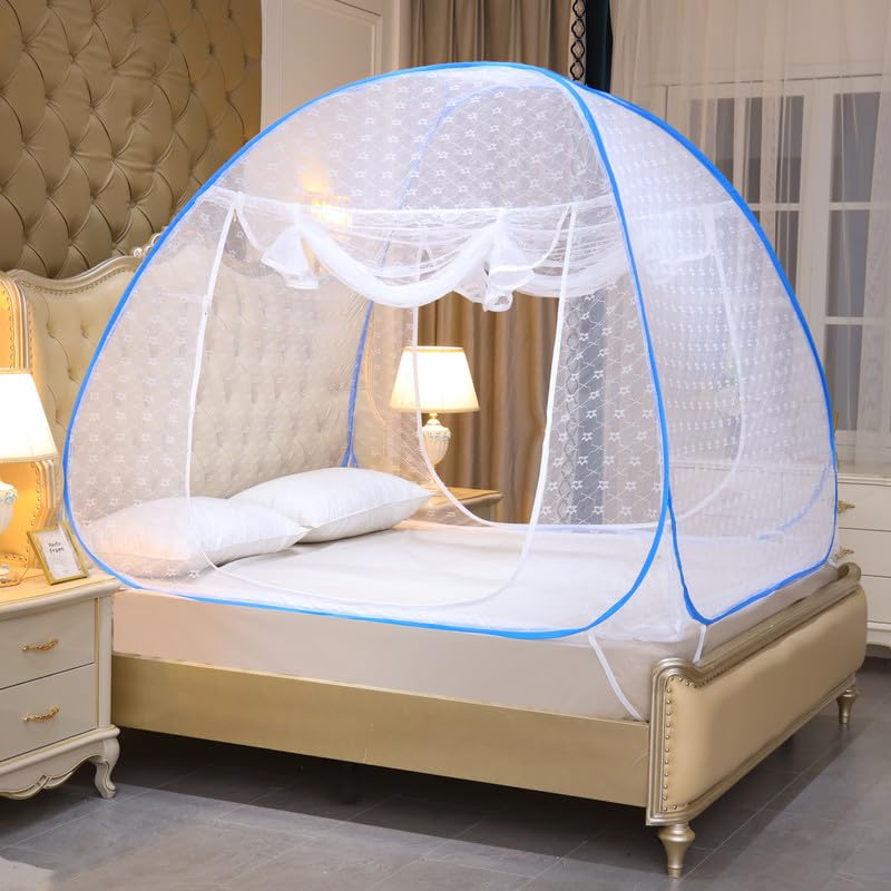 Classic Mosquito Net for Double Bed | King Size Embroidery Foldable Machardani | Polyester 30GSM Strong Net | PVC Coated Corrosion Resistant Steel Wire - Blue