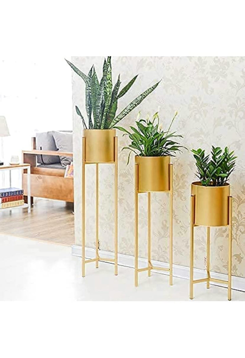 THE PLANT FAIRIES Modern Metal Floor Flower Stands Planter for Living Room Bedroom Display Plant Stand Tall Indoor Plant Stand with Planter -(Set of 3 golden)