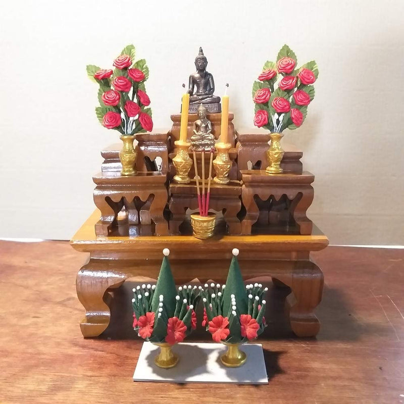 CoziNest Small Altar Thai Buddha Worship Wood Set 9 Amulet Miniature Table Teak Shelf Home Decor 6.5"