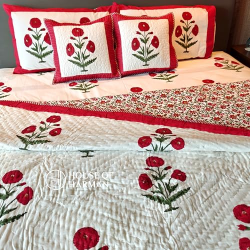 House of Harman Hand Quilted Mulmul Cotton Reversible Quilt I Hand Block Printed I Natural Vegetable Dyes (Red Wildpoppy Fields Quilt) (Pair of Singles- 60 * 90 inches)