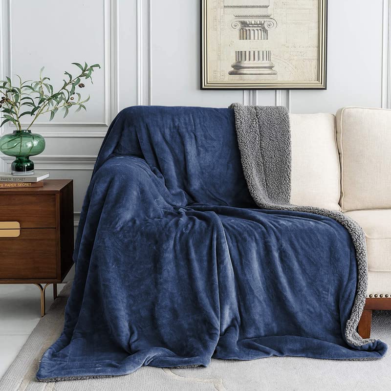 VAS COLLECTIONS - Polyester Micromink Summer AC Blanket Grey Sherpa Super Soft Flannel Solid/Plain AC Dohar/Comforter,Size 220 x 230 Cms (Double) (Approx 7.6 x 7 ft) (Blue & Grey)