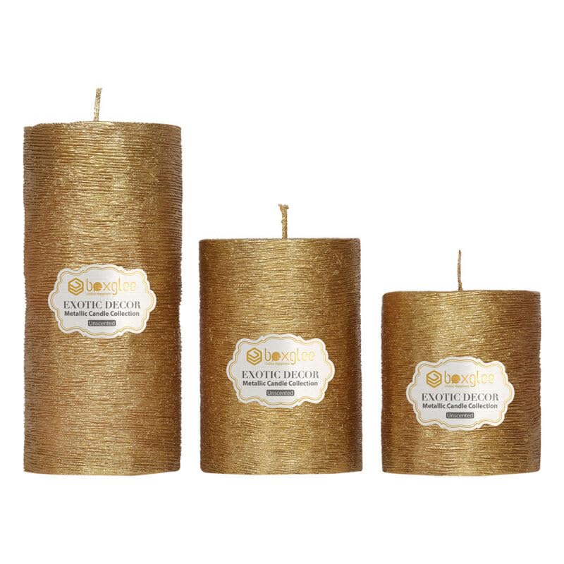 Boxglee Handcrafted Metallic Brushed 100% Pure SOYA Wax Pillar Candles for Stylish Home and Décor | Gifting Etc (Pack of 3pc) Pillar Candle (Gold)