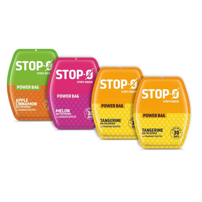 Stop-O Power Bag Bathroom Air Freshener - 40 G (10Gx4) | Assorted Pack | Refreshing, Lasting Fragrance | Melon, Apple Cinnamon, Tangerine | Lasts Upto 30 Days Gel