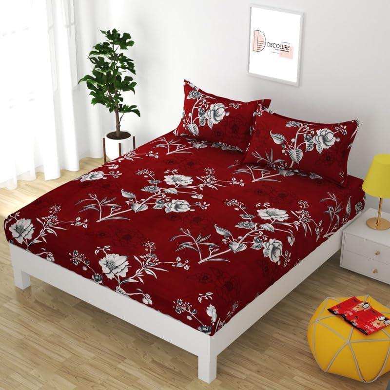 Decolure Glace Cotton Elastic Fitted Printed Bedsheets with 2 Pillow Covers King Bed with All Around Elastic Supersoft Size-72x78 Inch,Maroon