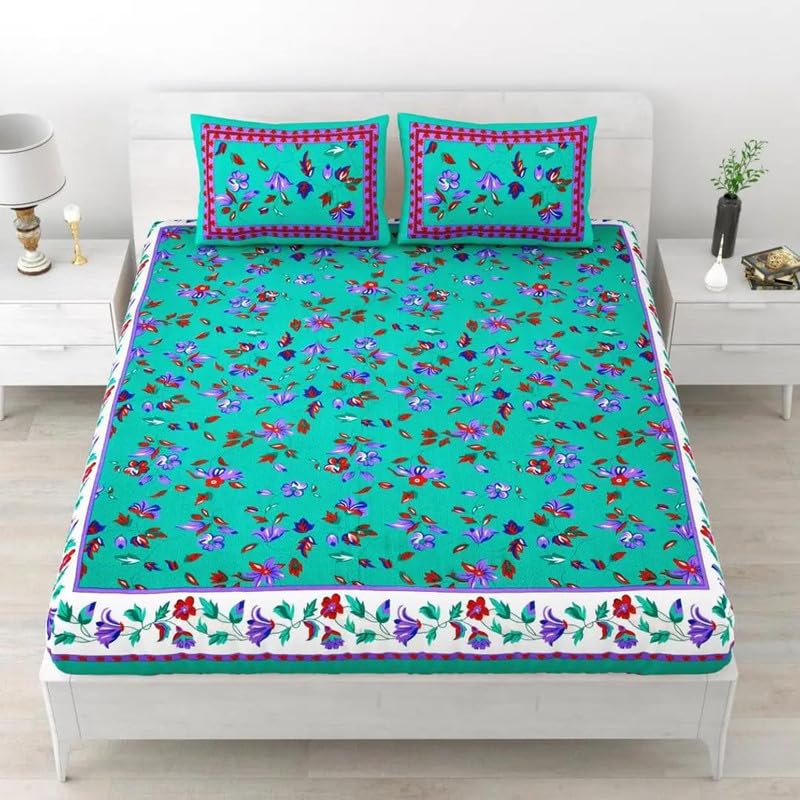 Designer Cotton Floral Printed Doubal Jaipuri Bedsheet with Two Pillow Cover-ET-EXL-325-GRN