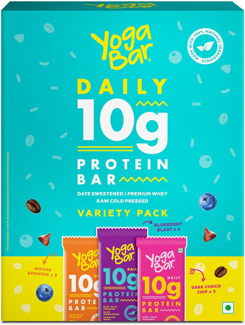 Yogabar Variety Pack 10 grams Protein Bars [Pack of 6], Protein Blend & Premium Whey,100% Veg, Rich Protein Bar with Date, Vitamins, Fiber, Energy & Immunity for fitness.