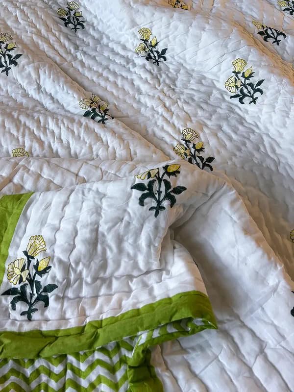 THE JAIPUR WALA Organic Mulmul Cotton Quilt -Green Mint Double Size