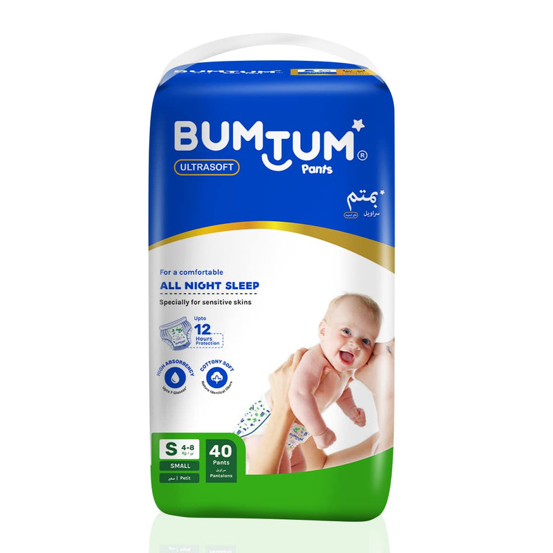 Bumtum Baby Diaper Pants, Small/S Size 40 Count, Double Layer Leakage Protection Infused With Aloe Vera, Cottony Soft High Absorb Technology