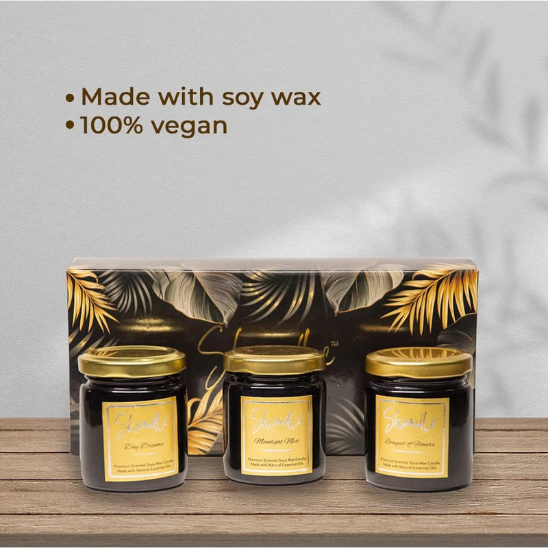 Skiindle Set of 3 Black Jar Candles with Exquisite Long-Lasting Aromatherapy Scent for Relaxation | Ideal Gift for Home Décor - Made with SOYA Wax, Lead-Free Wick & Natural Aroma Oils