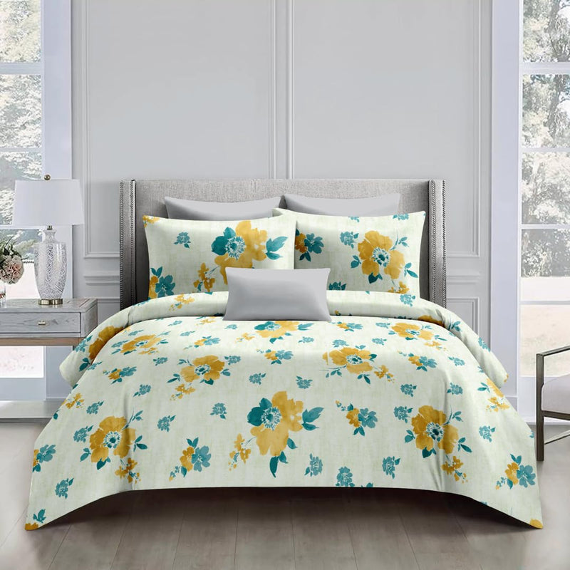 Tannarry Soft Cotton Floral Print 188 TC Super King Size Bedsheet (274 * 274cm) with 2 Pillow Covers (46 * 69cm)- Yellow Blue