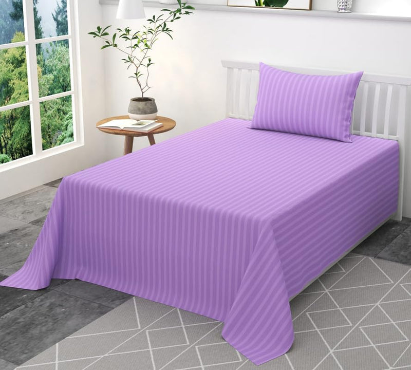 OnDec 300 TC Glace Cotton Plain Stripe Single Bedsheet with 1 Pillow Cover for Home, Hotel, Guest Room (60 X 90) Inch Pack of 1 (Light Purple)