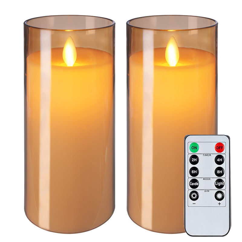 5plots Moving Flame Flickering Flameless Candles, Battery Operated Acrylic LED Pillar Candles with Remotes and Timer, 3”x6” Radiance Candle, Set of 2, Gold