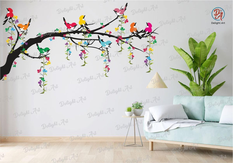 Delight Art Tree with Birds Design Flower Leaf Wall Sticker Bedroom, Windows Living Room Waterproof Wall Sticker (101CM X 58CM), Vinyl