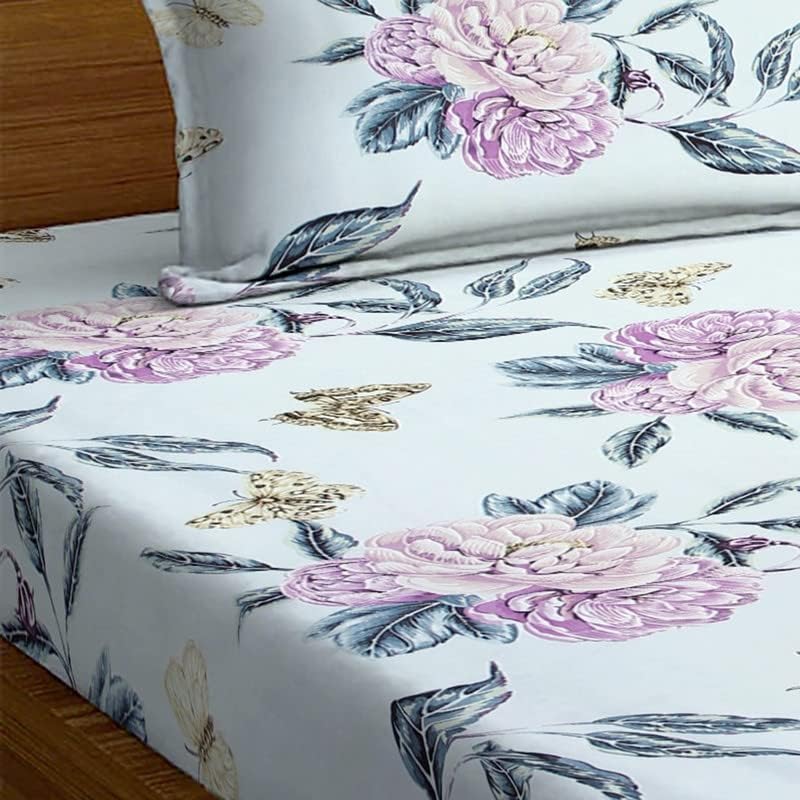 SHOMES Premium Cotton Flat Double Bedsheets with 2 King Size Pillow Covers | Double Bed Breathable | Wrinklefree | Ultrasoft 220 TC Supersoft | 90x90 Inches, 7X7.5 Feet | Floral, Light Blue Butterfly