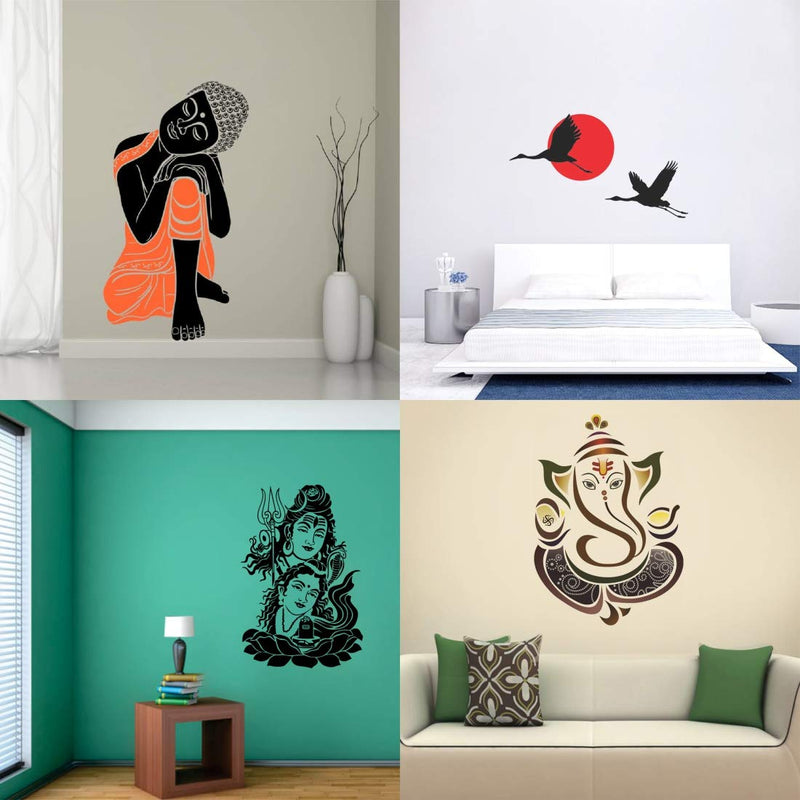 Walltech Combo of 4 Wall Sticker Sleeping Buddha-(110 x 60 cms) | Royal Ganesh-(50 x 45 cms) | Shiv parwati-(60 x 39 cms) | Sunrise-(60 x 90 cms) - Material Vinyl