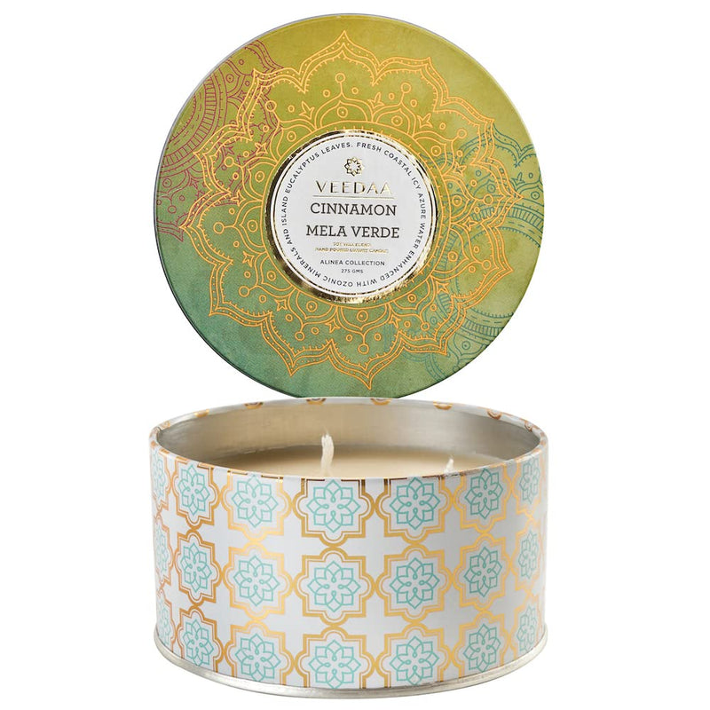 VEEDAA Cinnamon Mela Verde Soy Wax 3 Wick Tin Scented Candle (Burns 40 Hours)