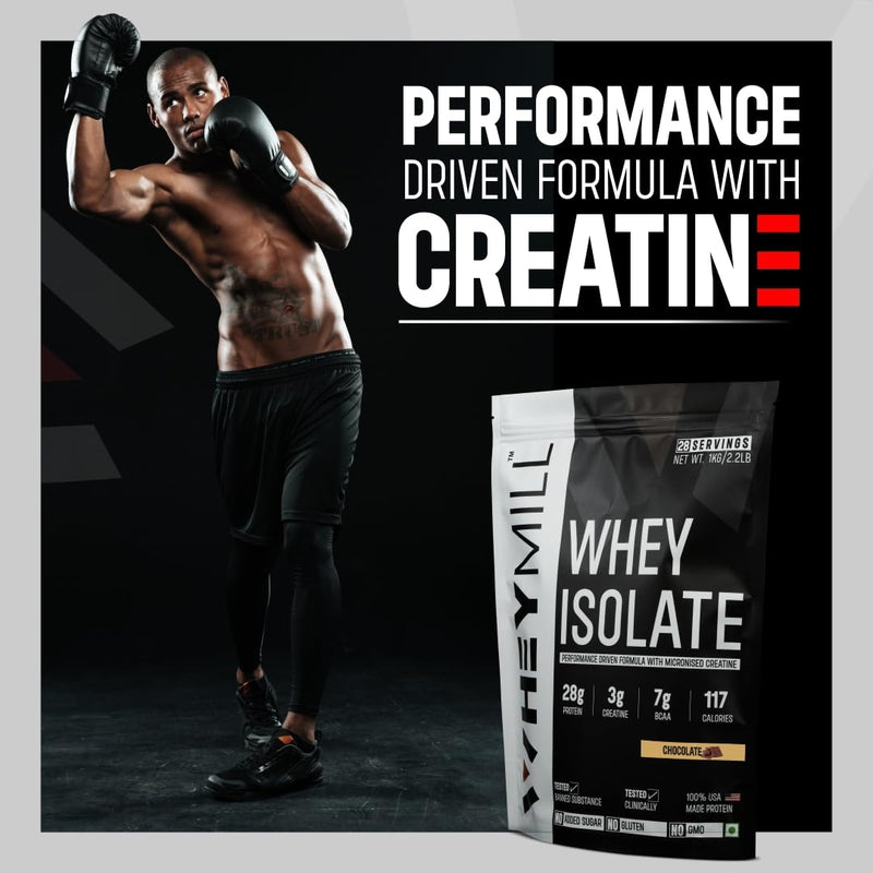 WHEYMILL 100% Whey Protein Isolate 28G Protein,3G Creatine,7G Bcaa Easy Mixing,Low Carbs Whey Protein Isolate Supplement Powder With Creatine For Men,Women&Athletes(1 Kg/2.2Lb 28 Servings Chocolate)