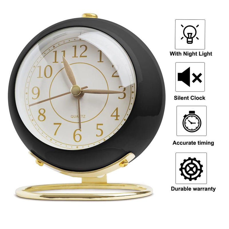 SHISEDECO Small Table Clocks, Classic Non-Ticking Tabletop Alarm Clock with Backlight, Battery Operated Desk Clock with HD Glass for Living Room Bedroom Bedside Indoor Decor (Black Gold)