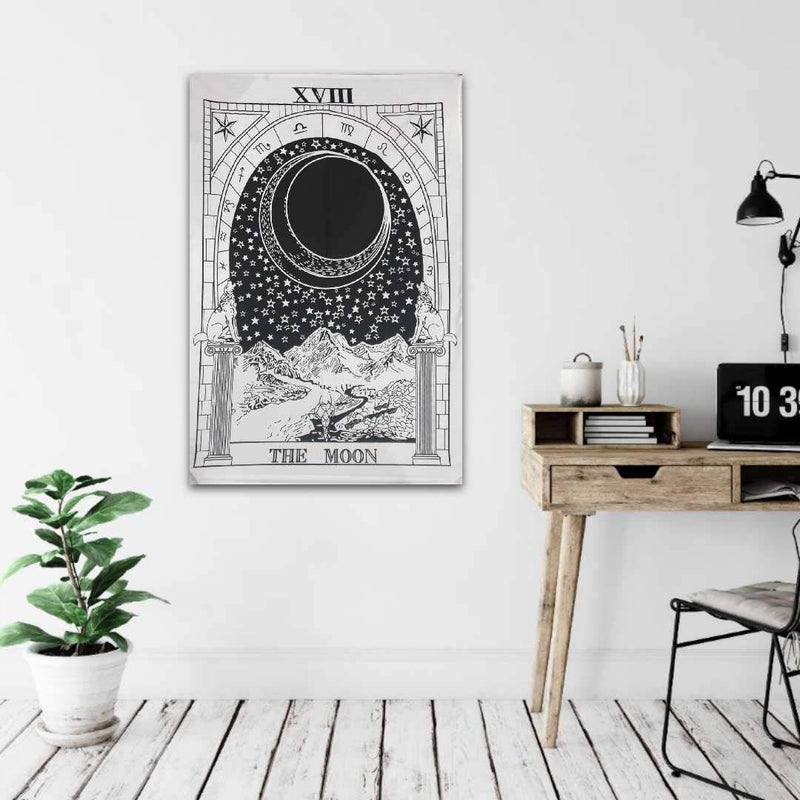 DRAVY HANDICRAFTS Tapestry Wall Hanging The Moon Tarot Psychedelic Tapestry Hippie Tapestry Indian Mandala Wall Hanging Tapestry Cotton Wall Hanging Poster (B/W, 40x30 Inches),