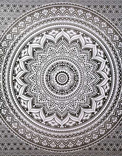 Raj Handicrafts Ombre Mandala Cotton Tapestries Throw Blanket (Black Grey, 84x54 Inches)